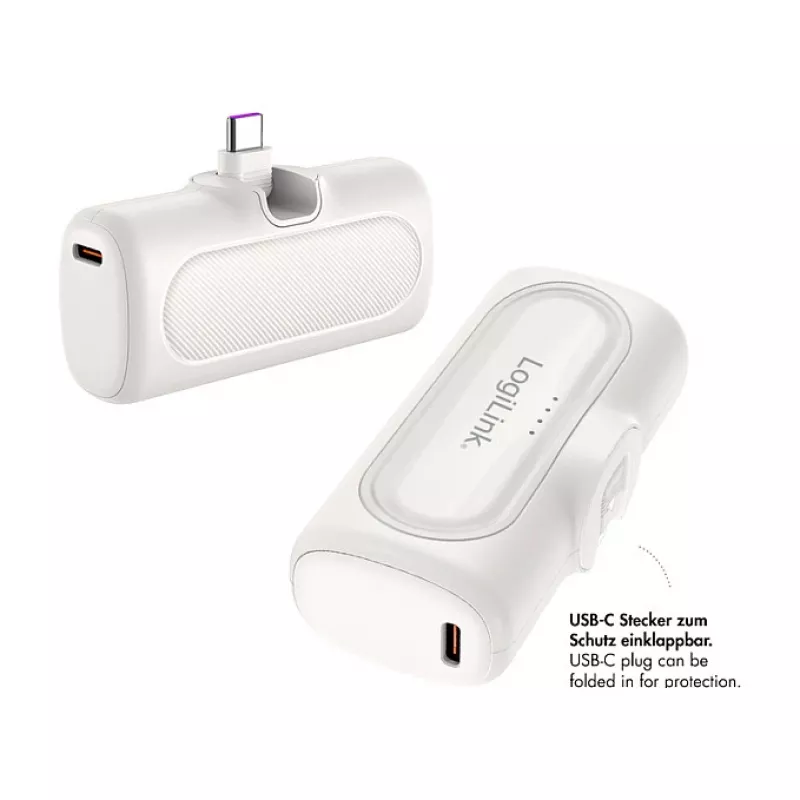 LogiLink PA0349W mobilusis maitinimo bankas, 5000 mAh, LiPo, įmontuotas sulankstomas USB-C kištukas ir USB-C prievadas, baltas