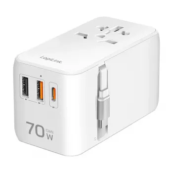 LOGILINK PA0357 USB-A/C kelioninis įkroviklis, 70 W GaN, 4 prievadai, 2x USB-A (QC), 2x USB-C (PD), plonas, baltas