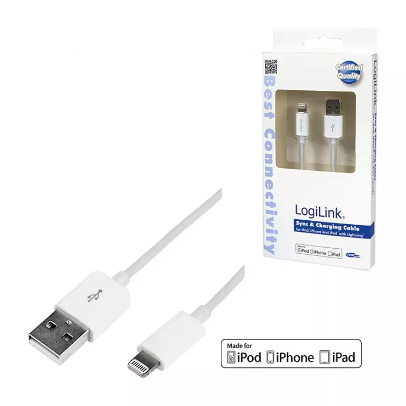 Logilink UA0199 Lightning laidas, MFi sertifikuotas, USB-A į Lightning 8-pin, baltas, 1 m (greitas įkrovimas ir sinchronizavimas)
