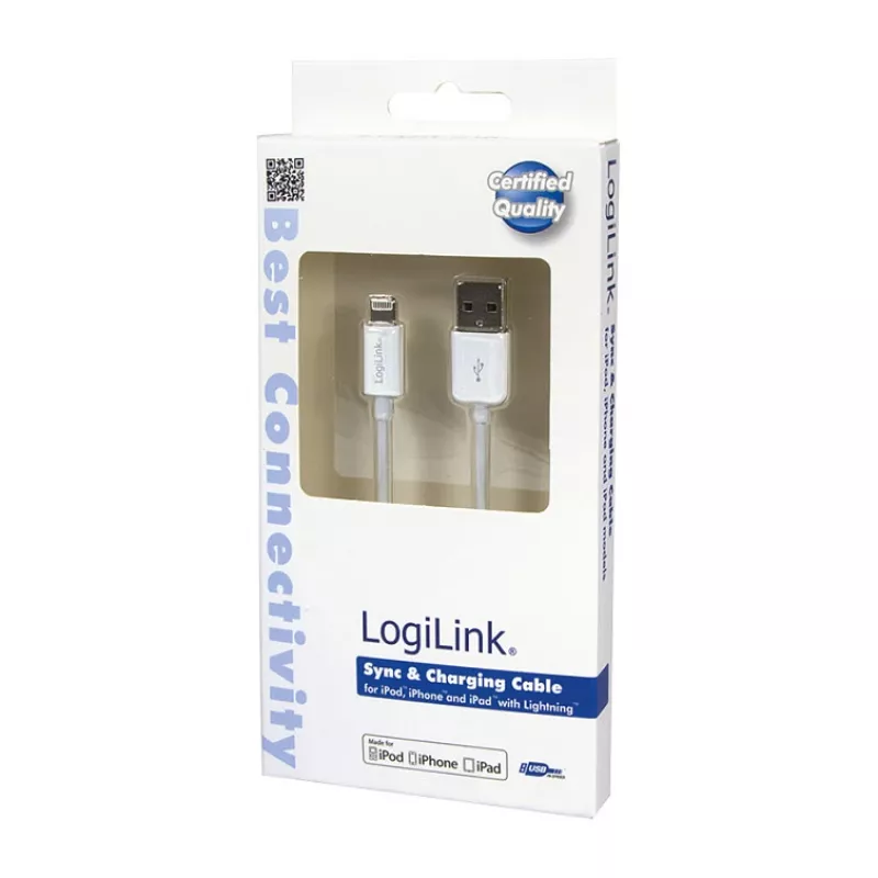 Logilink UA0199 Lightning laidas, MFi sertifikuotas, USB-A į Lightning 8-pin, baltas, 1 m (greitas įkrovimas ir sinchronizavimas)