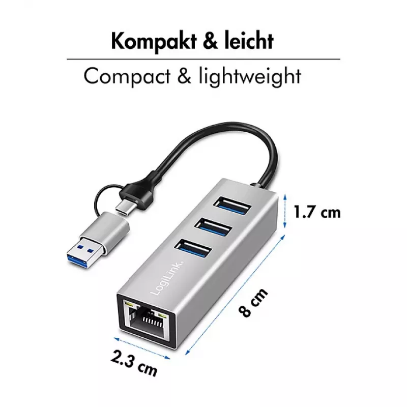 Logilink UA0440 USB 3.2 Gen 1 3-Port Hub su Gigabit Ethernet adapteriu, USB-C ir USB-A jungtimi, aliuminio korpusas