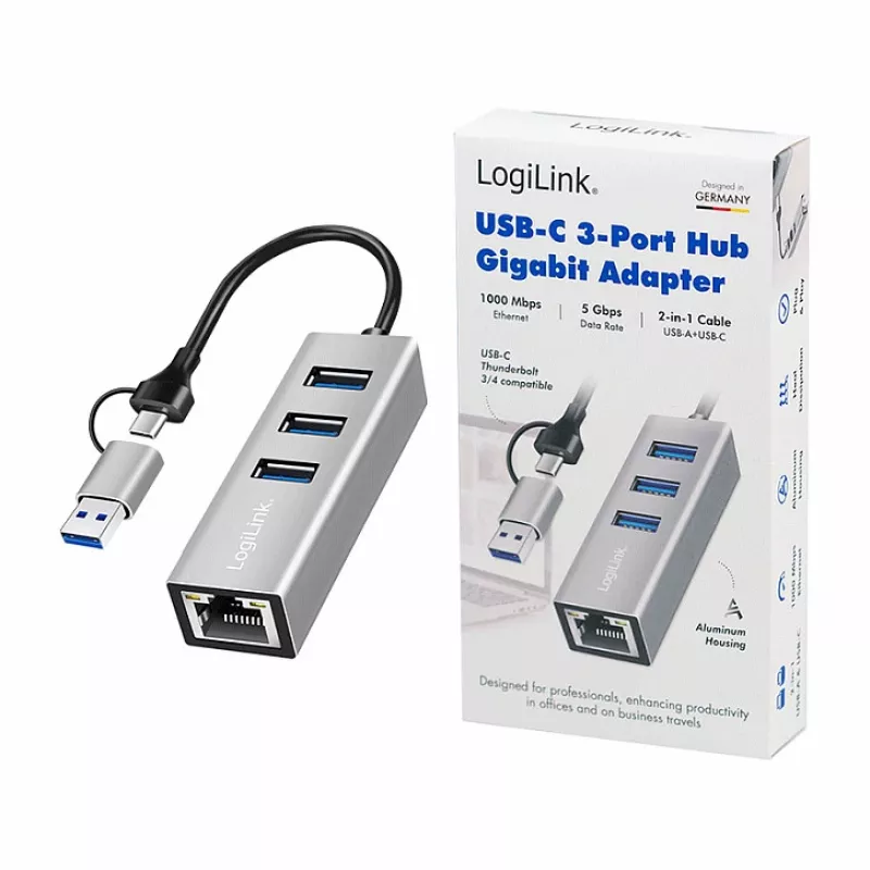 Logilink UA0440 USB 3.2 Gen 1 3-Port Hub su Gigabit Ethernet adapteriu, USB-C ir USB-A jungtimi, aliuminio korpusas