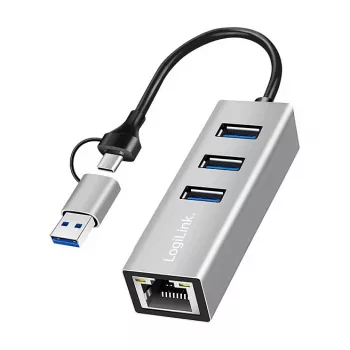 Logilink UA0440 USB 3.2 Gen 1 3-Port Hub su Gigabit Ethernet adapteriu, USB-C ir USB-A jungtimi, aliuminio korpusas