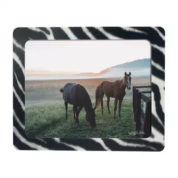 LogiLink Ultra-Thin Mouse Pad su integruotu foto rėmeliu, Zebra dizainas, neslystantis gumos pagrindas, 2 mm, 10 x 15 cm nuotraukai, juoda/balta