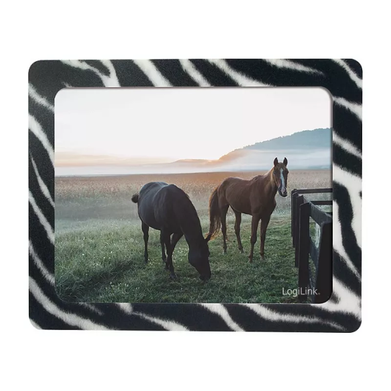 LogiLink Ultra-Thin Mouse Pad su integruotu foto rėmeliu, Zebra dizainas, neslystantis gumos pagrindas, 2 mm, 10 x 15 cm nuotraukai, juoda/balta