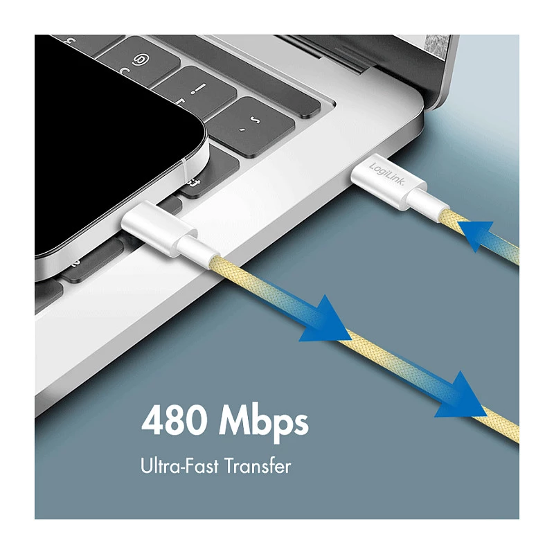 LogiLink USB 2.0 Type-C laidas, C/M į C/M, 480 Mbps, 60W, nailoninis, geltonas, 0,5 m