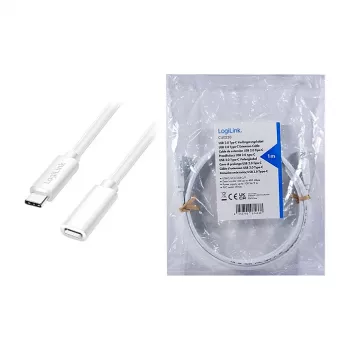 LOGILINK USB 2.0 Type-C ilginamasis laidas – USB-C kištukas į lizdą, 480 Mbps, 100W Power Delivery, baltas, 1m