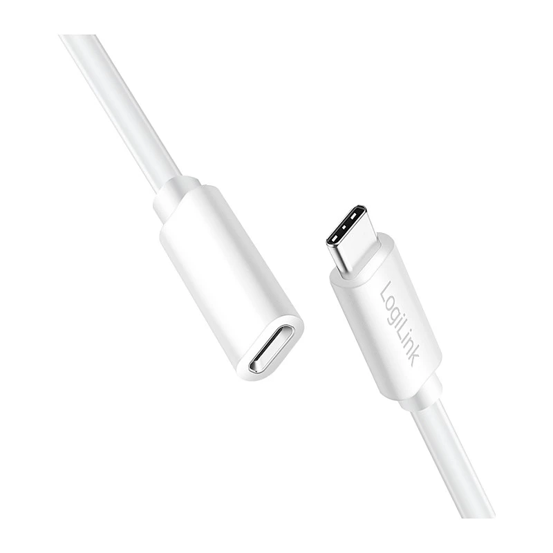 LOGILINK USB 2.0 Type-C ilginamasis laidas – USB-C kištukas į lizdą, 480 Mbps, 100W Power Delivery, baltas, 1m