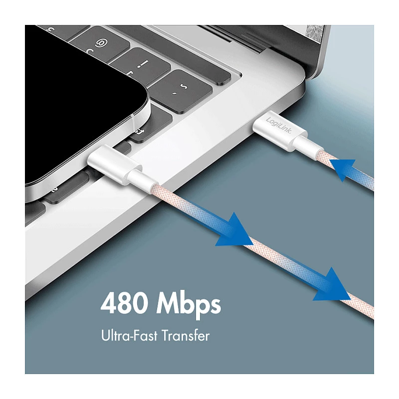 LogiLink USB 2.0 Type-C į Type-C laidas, 1m, 60W Power Delivery, nailoninis pynimas, rožinis