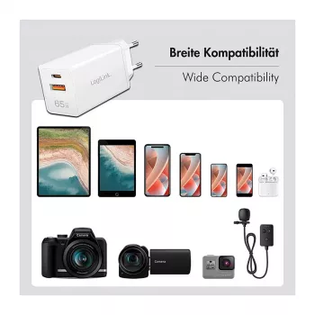 Logilink USB-A/C įkroviklis 65 W GaN, 1x USB-A (QC), 1x USB-C (PD), baltas