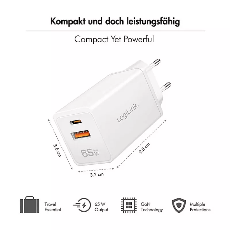 Logilink USB-A/C įkroviklis 65 W GaN, 1x USB-A (QC), 1x USB-C (PD), baltas