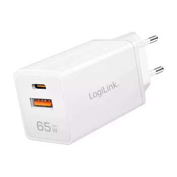 Logilink USB-A/C įkroviklis 65 W GaN, 1x USB-A (QC), 1x USB-C (PD), baltas