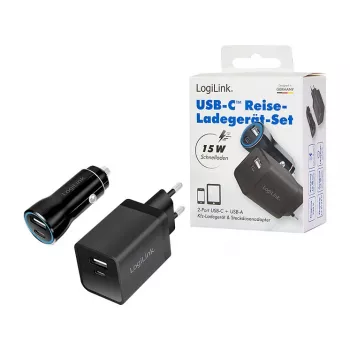 Logilink USB-A/C įkrovimo rinkinys, 15 W, 1x USB-A, 1x USB-C, juodos spalvos