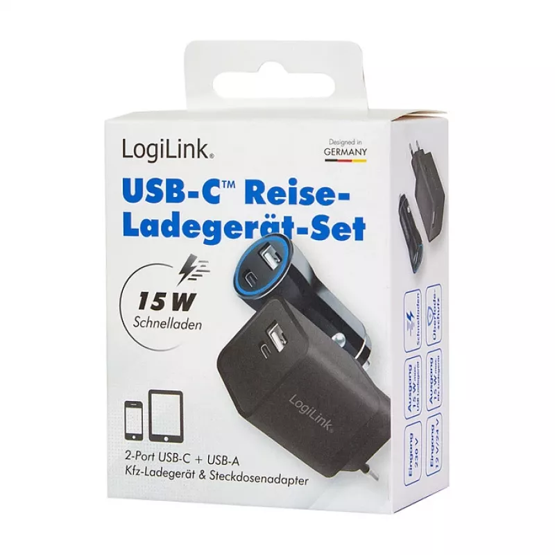 Logilink USB-A/C įkrovimo rinkinys, 15 W, 1x USB-A, 1x USB-C, juodos spalvos