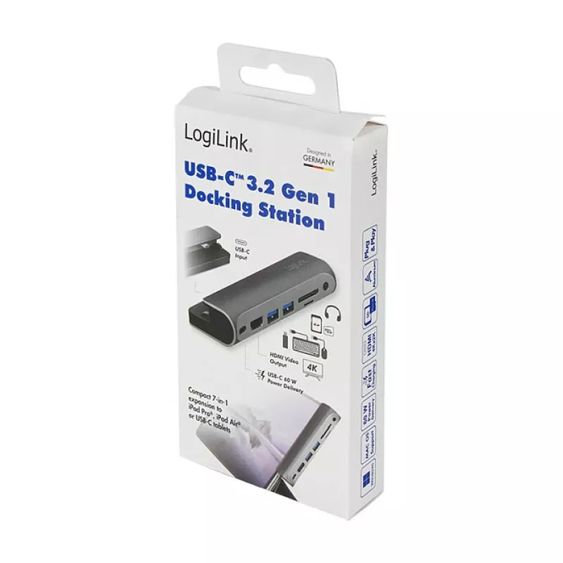 LOGILINK USB-C dokas, 7 prievadų, USB 3.2 Gen1, 100W PD, 4K HDMI, iPad, aliuminis (UA0385)