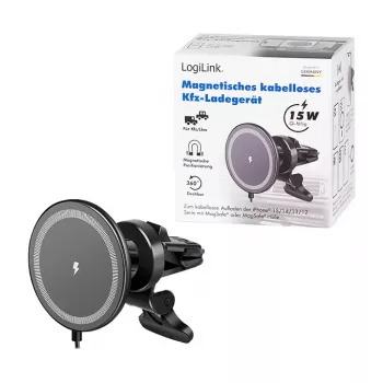 LogiLink belaidis automobilinis įkroviklis su išmaniojo telefono laikikliu 15W, apvalus, Qi, automatinis fiksavimas, ventiliacijos ir prisiurbimo laikiklis, juodas
