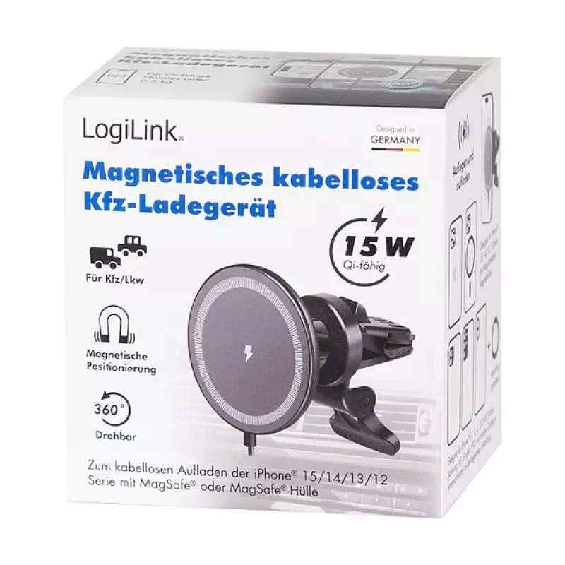 LogiLink belaidis automobilinis įkroviklis su išmaniojo telefono laikikliu 15W, apvalus, Qi, automatinis fiksavimas, ventiliacijos ir prisiurbimo laikiklis, juodas