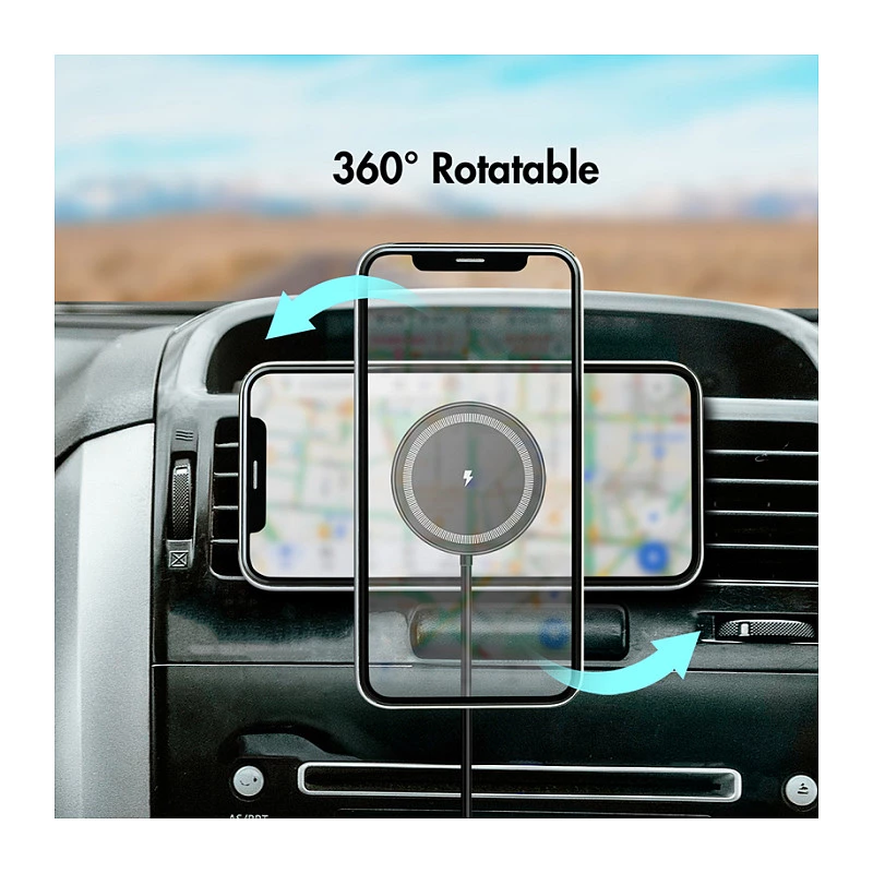 LogiLink belaidis automobilinis įkroviklis su išmaniojo telefono laikikliu 15W, apvalus, Qi, automatinis fiksavimas, ventiliacijos ir prisiurbimo laikiklis, juodas