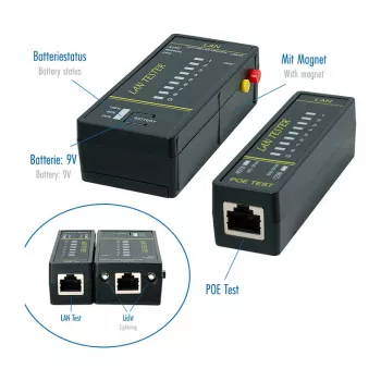 LOGILINK WZ0080 LAN kabelių testeris ir PoE ieškiklis su magnetu, žibintuvėliu, apšviečiamu LCD ekranu, 300 m veikimo nuotoliu