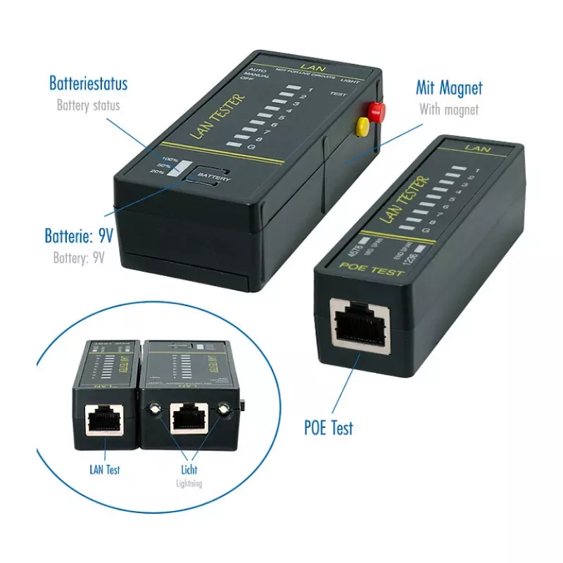 LOGILINK WZ0080 LAN kabelių testeris ir PoE ieškiklis su magnetu, žibintuvėliu, apšviečiamu LCD ekranu, 300 m veikimo nuotoliu