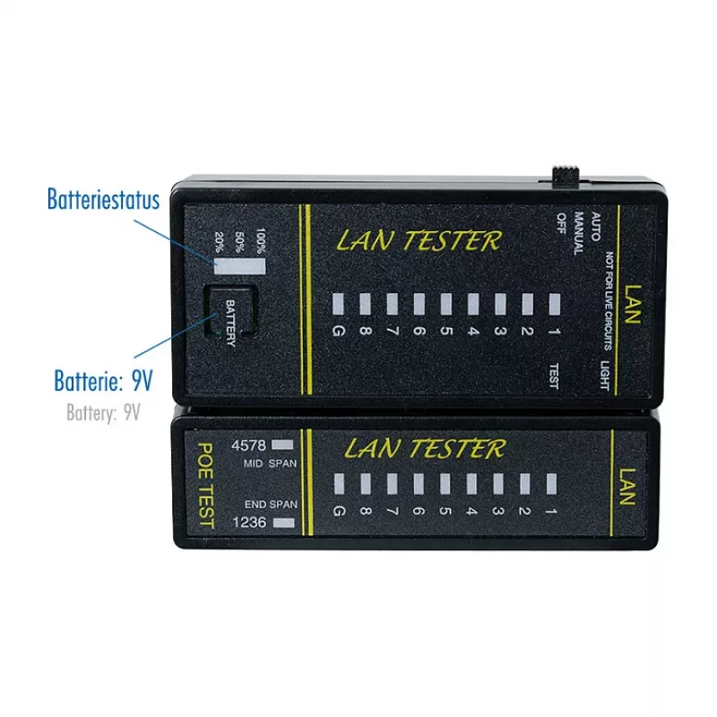 LOGILINK WZ0080 LAN kabelių testeris ir PoE ieškiklis su magnetu, žibintuvėliu, apšviečiamu LCD ekranu, 300 m veikimo nuotoliu