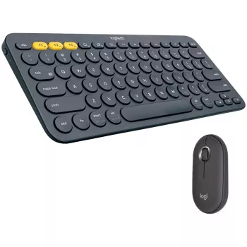 Logitech Pebble 2 Combo Tonal Graphite belaidis klaviatūros ir pelės rinkinys, AZERTY prancūziška klaviatūra, Bluetooth ir Logi Bolt USB imtuvas, tylūs paspaudimai, keli įrenginiai, perdirbtas plastikas