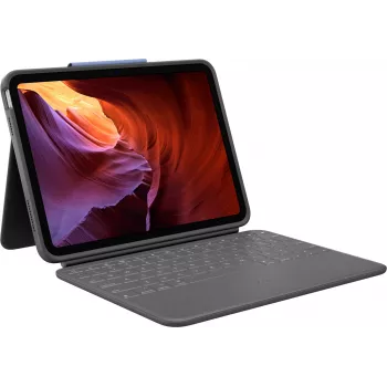 Logitech Rugged Folio su US International QWERTY klaviatūra, skirta Apple iPad 10 kartos (A2696) – Graphite, MIL-STD-810G apsauga nuo kritimo