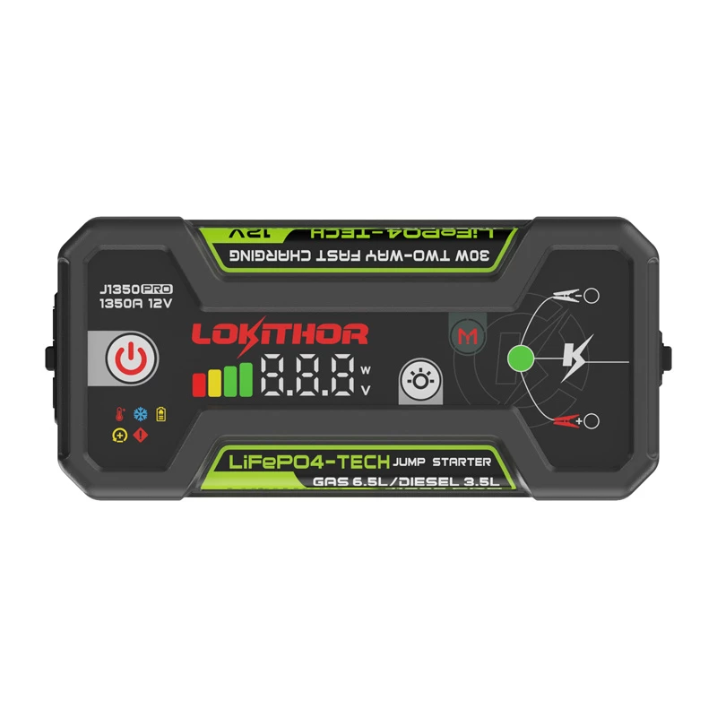 LOKITHOR J1350 Pro 25.6Wh 12V automobilinis užvediklis su 2500A ir oro kompresoriumi