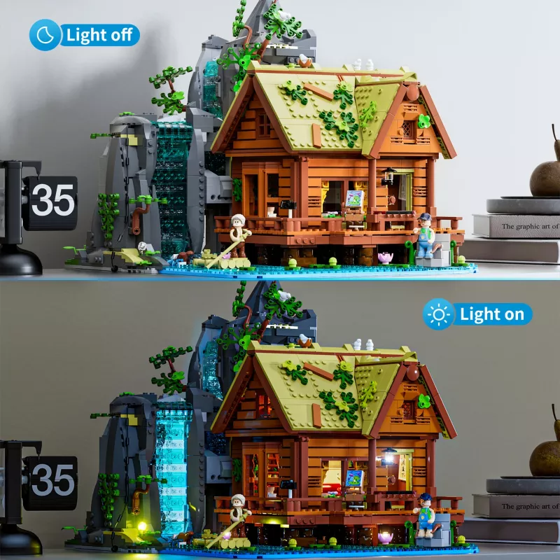 Lumibricks Waterfall Hut Building Blocks Set su LED apšvietimu