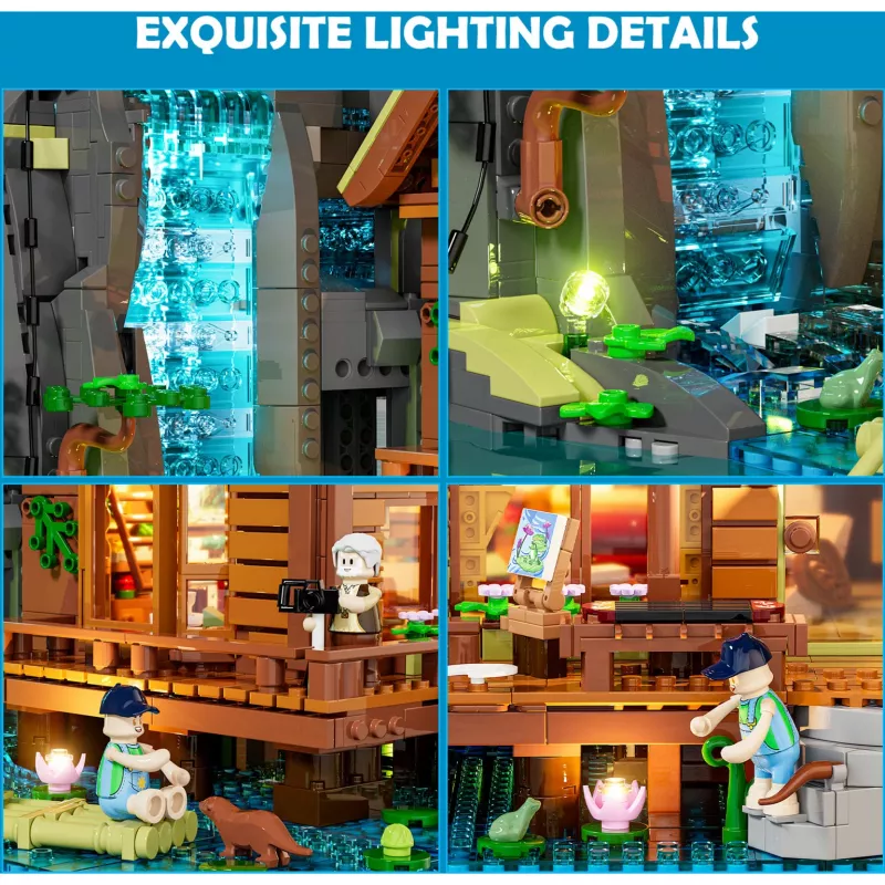 Lumibricks Waterfall Hut Building Blocks Set su LED apšvietimu