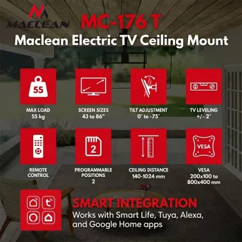 Maclean MC-176 T elektrinis TV laikiklis luboms su Tuya valdymu, VESA 200x200–800x400, 43–86 colių, 55 kg, juodas