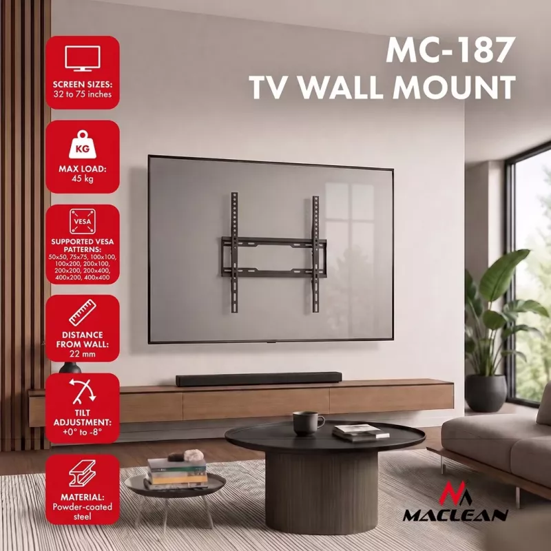 MACLEAN MC-187 TV laikiklis sieninis, pakreipiamas, 32–75 col., VESA iki 400x400, 45 kg, juodas