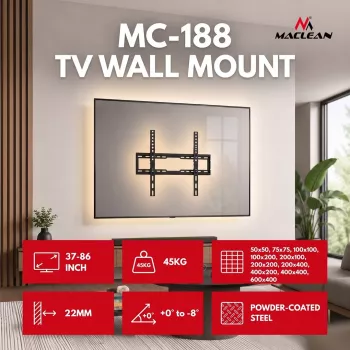 MACLEAN MC-188 TV sieninis laikiklis, max VESA 600x400, 37-86 col., iki 45 kg, juodas, reguliuojamas pasvirimas 0°–8°