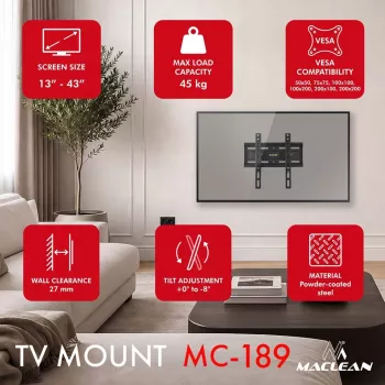 MACLEAN MC-189 Tilt TV laikiklis sienai 13-43 colių ekranams, VESA 200x200, 45 kg, juodas