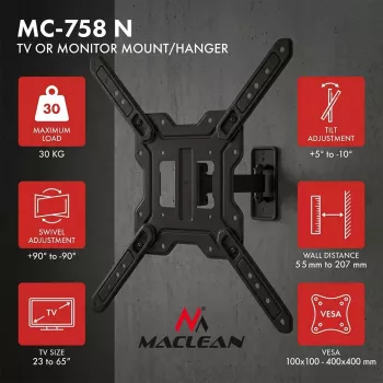 Maclean MC-758 N Fiksuotas sieninis laikiklis 23–65 colių televizoriams ir monitoriams, 30 kg, VESA 400x400, juodas