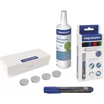 MAGNETOPLAN HOLTZ Magnetoplan 12299N Baltosios lentos priedų rinkinys – 4 sausai trinami žymekliai, 250 ml valymo skysčio, magnetinė trintukė, 10 šluosčių, juodas