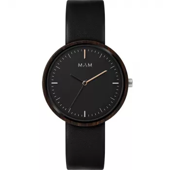 MAM MAM642 Unisex 39mm Teak Wood laikrodis su juodu odiniu dirželiu