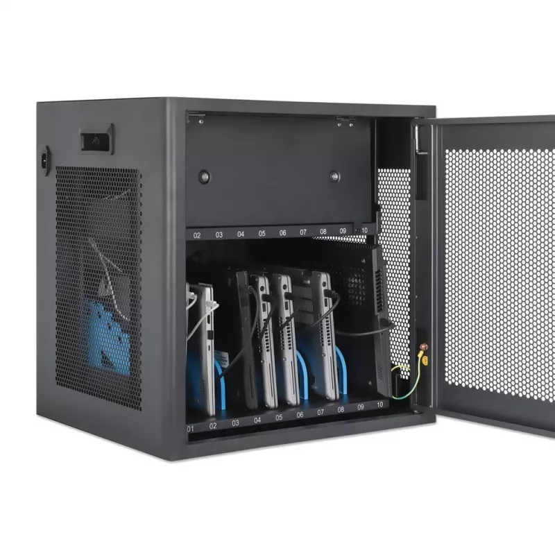 Manhattan 10 vietų nešiojamų kompiuterių įkrovimo spintelė ant stalo su AC adapteriu (EU) - užrakinama plieninė spintelė nešiojamiesiems iki 16 colių, iPad, MacBook, Chromebook