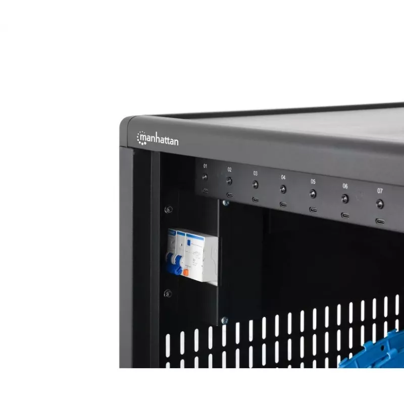 Manhattan 12-Bay USB-C nešiojamųjų kompiuterių įkrovimo spinta ant ratukų, 65W vienam prievadui, 780W bendra galia, plieninė, juoda, UK ir EU laidai, 395x32.5x290mm skyriai