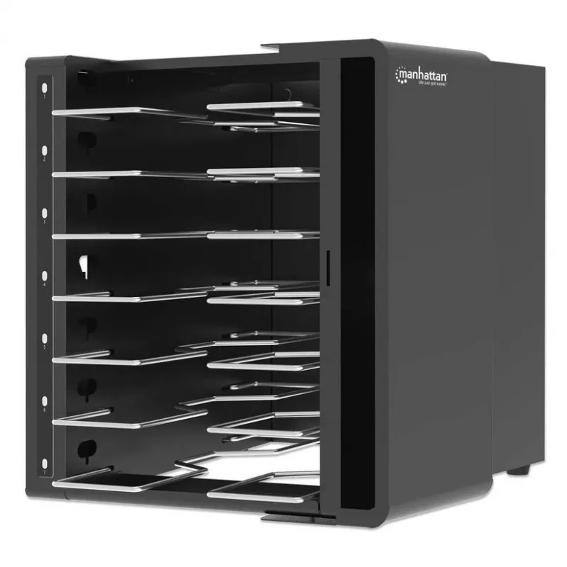 Manhattan 16-Bay USB-C nešiojamųjų kompiuterių įkrovimo spinta, 65W vienam prievadui, užrakinamas plieninis vežimėlis, JK ir ES kištukai