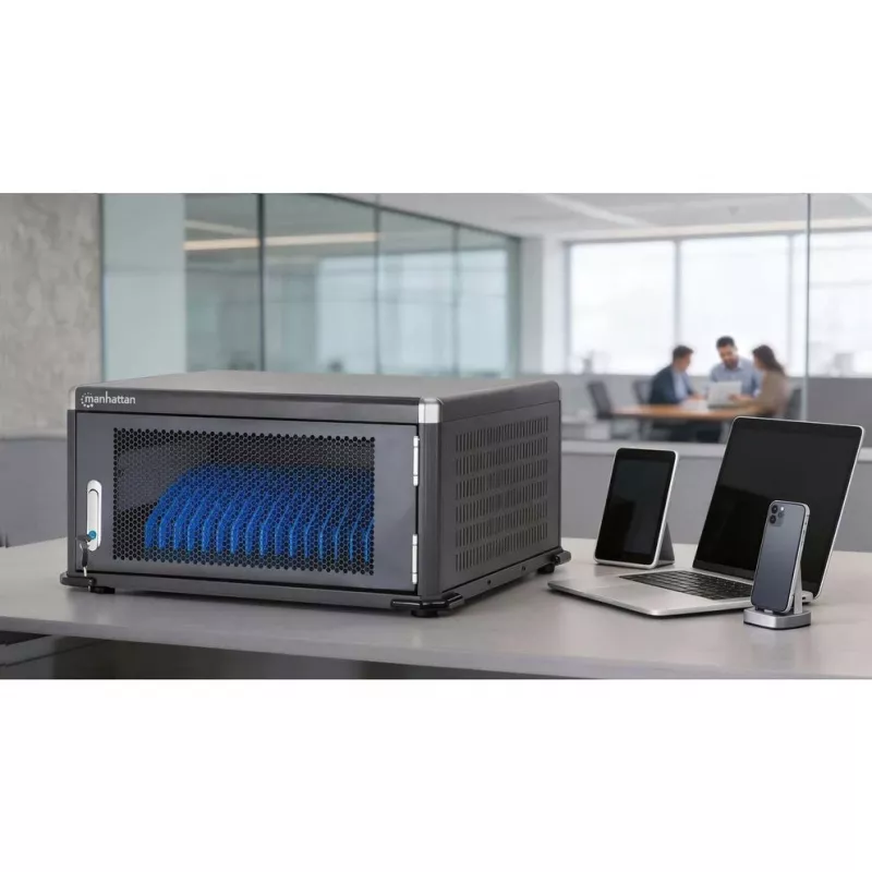 Manhattan 20-Bay nešiojamųjų kompiuterių įkrovimo spinta su AC adapterių laikymu, rakinama, juoda