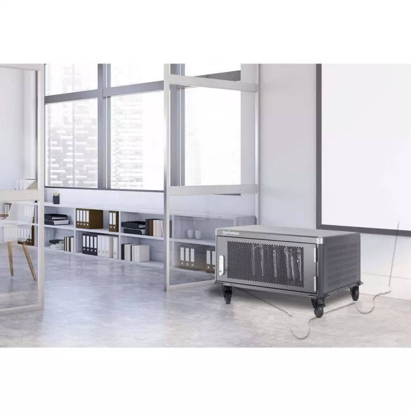 Manhattan 20-Bay nešiojamųjų kompiuterių įkrovimo spinta su AC adapterių laikymu, rakinama, juoda