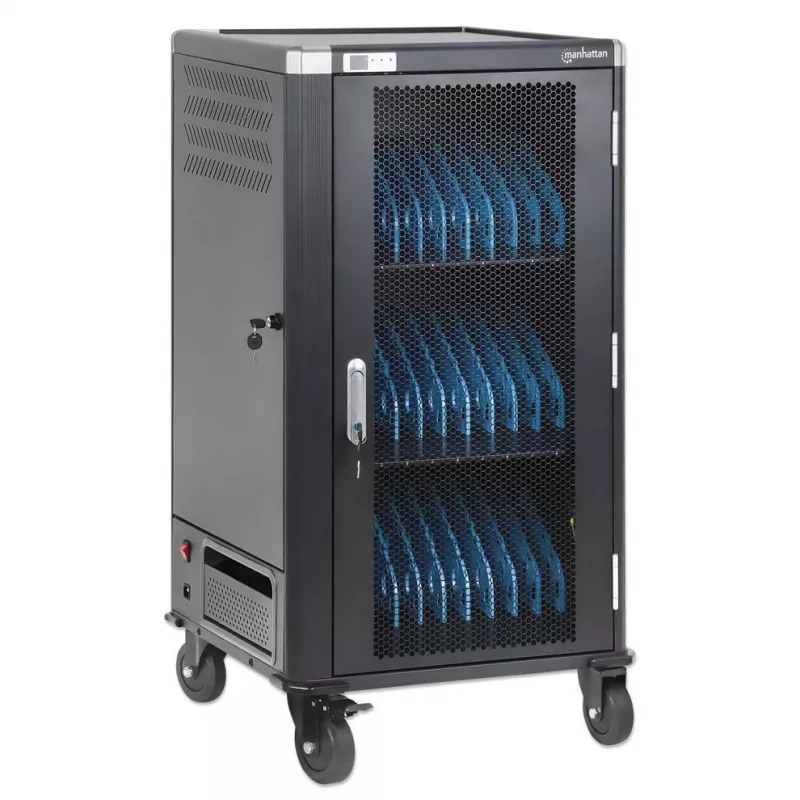 Manhattan 30 vietų nešiojamųjų kompiuterių įkrovimo spinta/vežimėlis per AC adapterį (ES) - užrakinama plieninė spinta, 220-240V, 2300W, CEE 7/7 kištukas, 3m laidas, 4 ratukai