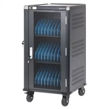 Manhattan 30 vietų nešiojamųjų kompiuterių įkrovimo spinta/vežimėlis per AC adapterį (ES) - užrakinama plieninė spinta, 220-240V, 2300W, CEE 7/7 kištukas, 3m laidas, 4 ratukai