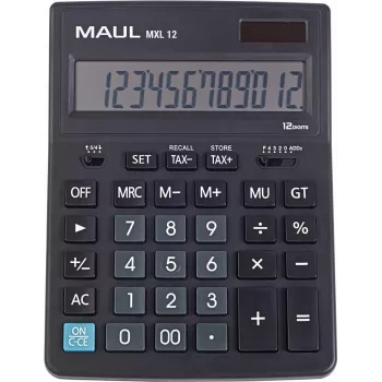 MAUL MXL 12 stalinis skaičiuotuvas su 12 skaitmenų LCD ekranu, mokesčių skaičiavimu, dvigubu maitinimu, juodas 7267090