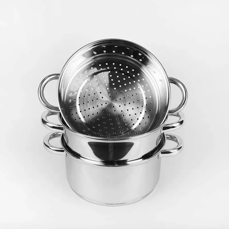 MEO nerūdijančio plieno garų puodų rinkinys 4L, 22 cm, 3 pakopų, tinka indukcijai, sidabrinis MR-2900-22