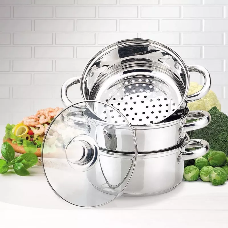 MEO nerūdijančio plieno garų puodų rinkinys 4L, 22 cm, 3 pakopų, tinka indukcijai, sidabrinis MR-2900-22