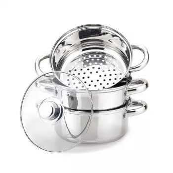 MEO nerūdijančio plieno garų puodų rinkinys 4L, 22 cm, 3 pakopų, tinka indukcijai, sidabrinis MR-2900-22