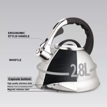MEO Stovetop Kettle 2.8L MR-1328 MAESTRO – Nerūdijančio plieno virdulys su švilpuku, tinka indukcijai ir visoms kaitlentėms, sidabrinis