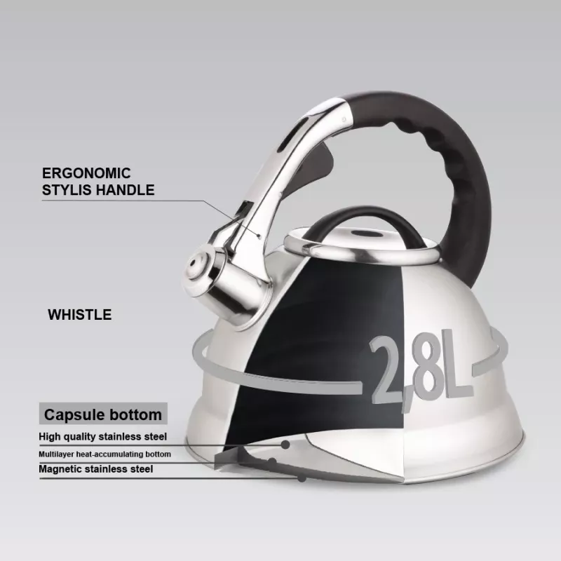 MEO Stovetop Kettle 2.8L MR-1328 MAESTRO – Nerūdijančio plieno virdulys su švilpuku, tinka indukcijai ir visoms kaitlentėms, sidabrinis
